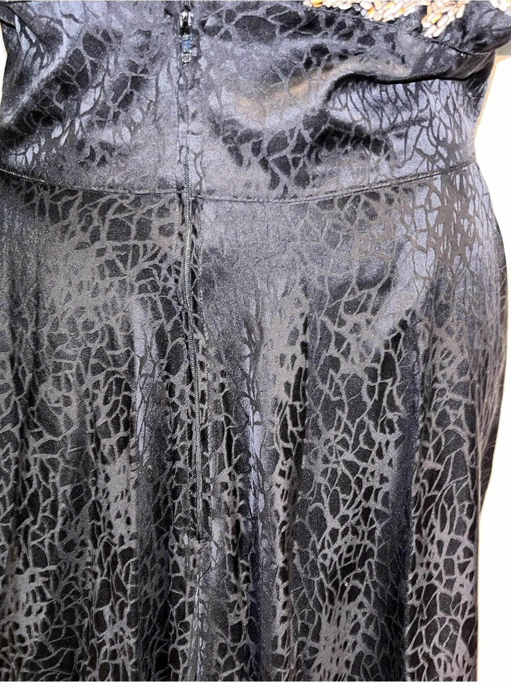 Vintage Maggy London Silk Maxi Dress with Gold Scroll Print Bodice